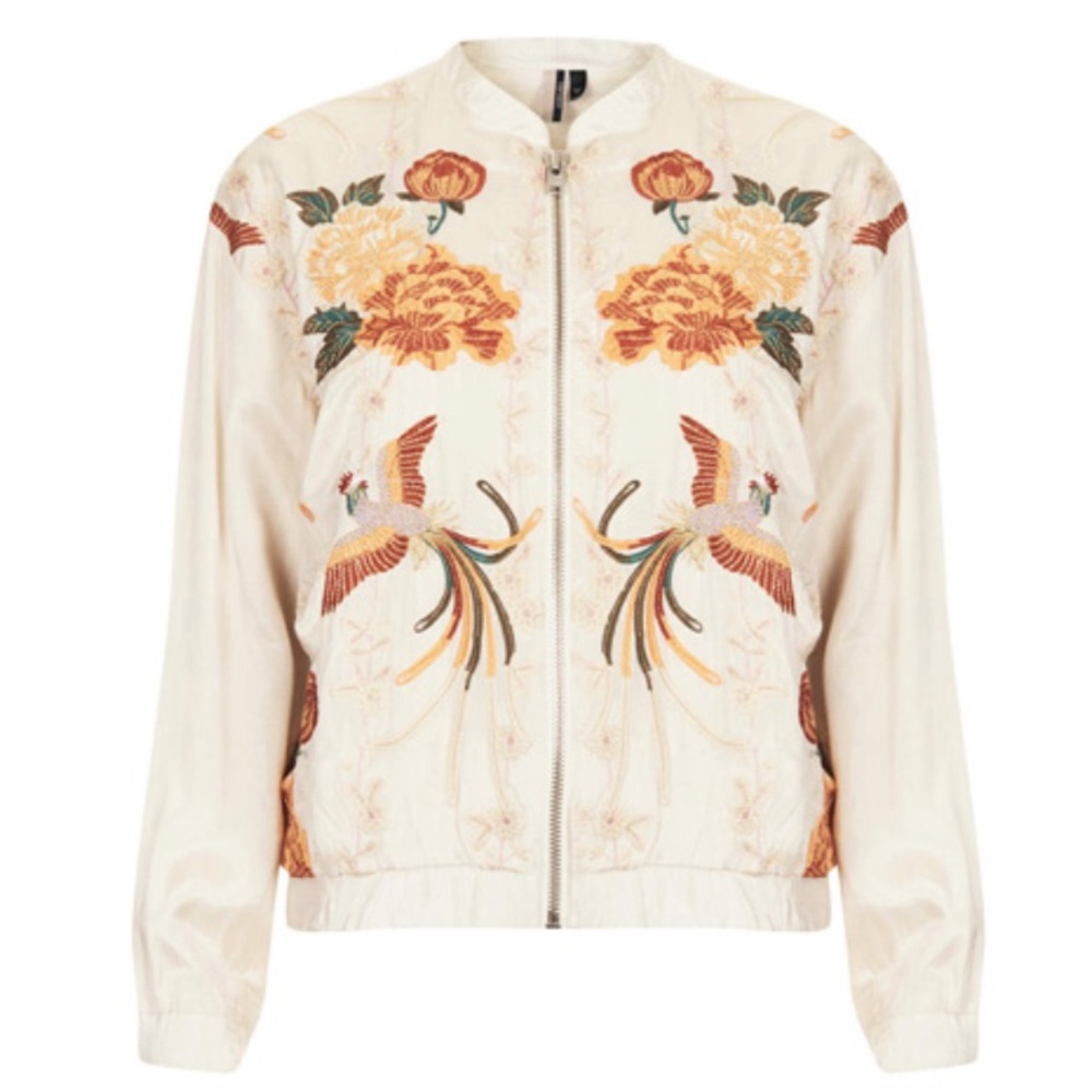 TOPSHOP IVORY SATIN EMBROIDERED BOMBER JACKET